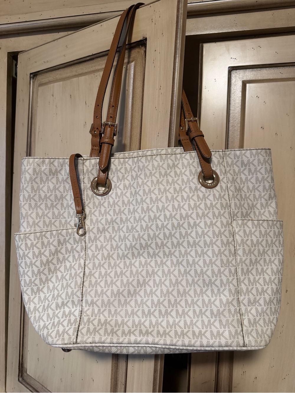 Michael Kors Cream Monogram Tote with Brown Leather Straps